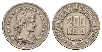 Бразилия 200 реалов (рейсов) 1929 KM 519 медно-никель 1519-1425