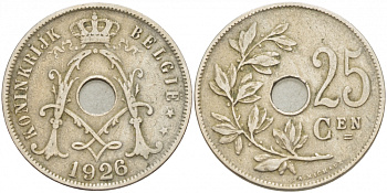 БЕЛЬГИЯ 25 САНТИМОВ 1926 BELGIE KM 69 медно-никель 87-1535