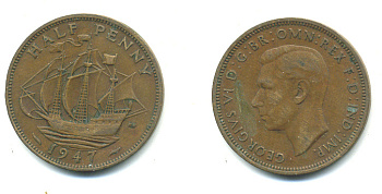 Великобритания 1/2 пенни 1947 Георг VI (1936-1952) KM 844, Spink 4115 бронза 4383-1026