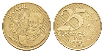 Бразилия 25 сентаво 2000 редкий год KM 650 сталь плакированная латунью 4642-1116