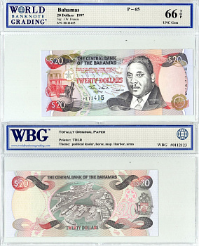Багамский Острова 20 долларов 1977 в холдере компании WBG 66 UNC Gem, Сэр Майло Боутон Батлер, бухта Нассау Pick 65 бумага UNC (пресс) 452-3-19