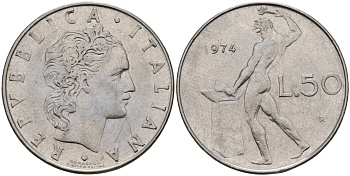 Италия 50 лир 1974 R, бог Вулкан у наковальни KM 95.1 нержавеющая сталь 4156-733