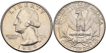 США 25 центов = квотер 1989 D, Вашингтон KM A164a медь плакированная медно-никелем 4584-1252