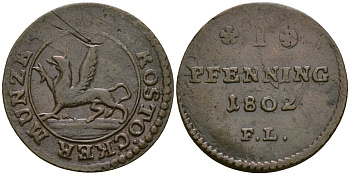 Росток, Мекленбург 1 пфенниг 1802 KM C# 4 медь 46-739