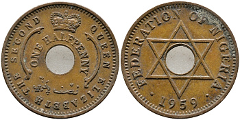 Нигерия 1/2 пенни 1959 Елизавета II (1952-), Британский протекторат KM 1 бронза 4387-427