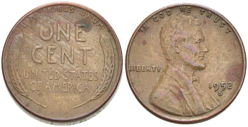 США 1 ЦЕНТ 1952 S, ЛИНКОЛЬН KM А132 медь цинк 218-246