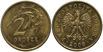 ПОЛЬША 2 ГРОША 2008 MW KM 277 латунь 201-419
