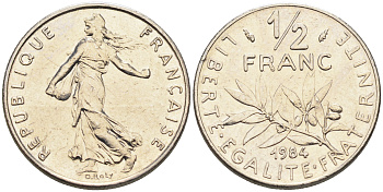 Франция 1/2 франка 1984 сеятель KM 931.1 никель    4169-215