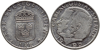 Швеция 1 крона 1999 Карл XVI Густав (1973- ) KM 852a медно-никель 4610-752