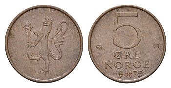 Норвегия 5 эре 1975 Улаф V (1958-1991) KM 415 бронза 188-826
