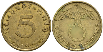 Германия 5 рейхспфеннигов 1937 A KM 91, J. 363 алюминиевая бронза 4151-739