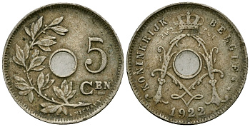 Бельгия 5 сантимов 1922 Belgie KM 67 медно-никель 4173-248