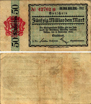 ПАССАУ 50000000000 МАРОК 1923 НОТГЕЛЬД, 3 НОЯБРЯ 1923, ЗЕМЛЯ БАВАРИЯ бумага 8564-47-1-1