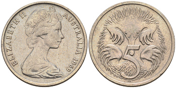 АВСТРАЛИЯ 5 ЦЕНТОВ 1969 ЕЛИЗАВЕТА II, МОЛОДОЙ ПОРТРЕТ, ЕХИДНА KM 64 медно-никель UNC 4564-1152