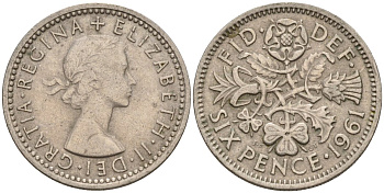Великобритания 6 пенсов 1961 Елизавета II (1952-2022) KM 903, Spink 4149 медно-никель 4596-1044