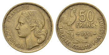 Франция 50 франков 1951 B, Петух KM 918.1, Le Franc 425.5 алюминиевая бронза 4118-642