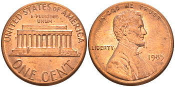 США 1 ЦЕНТ 1985 ЛИНКОЛЬН KM 201b цинк плакированный медью UNC 188-233