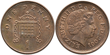 Великобритания 1 пенни 2001 Елизавета II (1952-2022) KM 986, Spink 4710 (B5) сталь плакированная медью 65-917