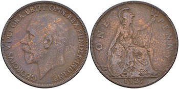 Великобритания 1 пенни 1927 Георг V (1910-1936) КМ 826, Spink 4054 бронза 4557-1012