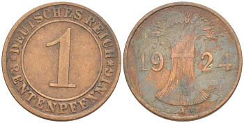 Германия 1 рентенпфенниг 1924 A KM 30, J. 306, Weege 1 бронза 211-565
