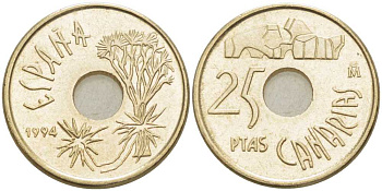 ИСПАНИЯ 25 ПЕСЕТ 1994 КАНАРСКИЕ ОСТРОВА (CANARIAS), ХУАН КАРЛОС I (1975-) KM 933 никель бронза 213-215