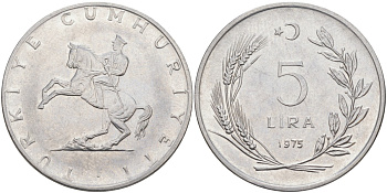 Турция 5 лир 1975 KM 905 нержавеющая сталь 4512-1022
