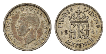 Великобритания 6 пенсов 1941 Георг VI (1936-1952) KM 852, Spink 4084 серебро 4644-1059