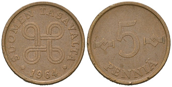Финляндия 5 пенни 1964 редкий год - тираж 4.634.000 KM 45 медь 99-959