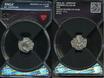 Римская Империя денарий 141-161 Фаустина Старшая, жена Антонина Пия, посмертная чеканка, DIVA FAVSTINA, бюст императрицы/AVGVSTA, Церера, Рим, в слабе RNGA - AU RIC 356 серебро 15-004-16