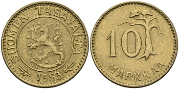 Финляндия 10 марок 1953 KM 38 алюминиевая бронза 4585-931