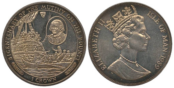 ОСТРОВ МЭН 1 КРОНА 1989 200 ЛЕТ МЯТЕЖУ НА ПАРУСНИКЕ БАУНТИ, КАПИТАН БЛАЙ С ВЕРНЫМИ МАТРОСАМИ ПОКИДАЕТ ПАРУСНИК НА ШЛЮПКЕ KM 242 медно-никель UNC 00-00