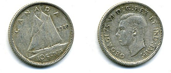 КАНАДА 10 ЦЕНТОВ 1940 ГЕОРГ VI серебро 46-1223