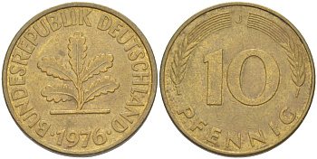 ФРГ 10 ПФЕННИГОВ 1976 J KM 108, J. 383 сталь плакированная латунью 4182-847