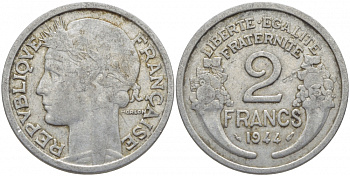 ФРАНЦИЯ 2 ФРАНКА 1944 KM 886а.1 алюминий 114-745