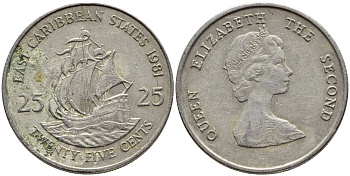 Восточно-Карибские штаты 25 центов 1981 Елизавета II (1952-2022), парусник KM 14 медно-никель 87-731