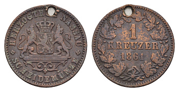 Нассау 1 крейцер 1861 Герцог Адольф (1839-1866) KM 74 медь 4548-236
