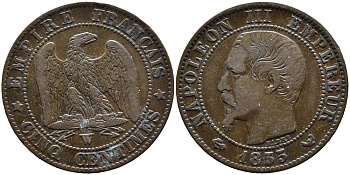 ФРАНЦИЯ 5 САНТИМОВ 1855 W, НАПОЛЕОН III (1852-1870) KM 777.7, LA FRANC 116.29 бронза 4393-1234