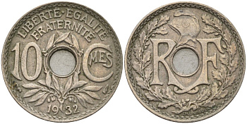 Франция 10 сантимов 1932 KM 866a, Le Franc 138.3 медно-никель 4143-1015