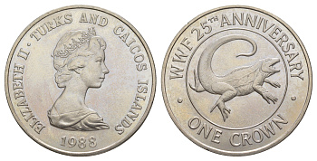 Теркс и Кайкос 1 крона 1988 серия 25 лет защиты окружающей среды, игуана KM 64 медно-никель UNC 4368-821