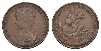 Нидерланды медаль "Коронация Вильгельмины " 1898 Коронация Вильгельмины 6 сентября 1898 года на престол Нидерландов, диаметр 25,4 мм, вес 6,45 гр медь 1515-1734