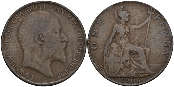 Великобритания 1 пенни 1906 Эдуард VII (1901-1910) KM 794.2, Spink 3990 бронза 4607-1143