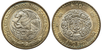 Мексика 10 песо 2001 Мо, бог Тонатиу - бог солнца, смена тысечелетий KM 636 биметалл 4367-1112