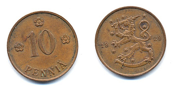 Финляндия 10 пенни 1929 республика (1918-1962) KM 24 медь 46-1646
