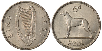 ИРЛАНДИЯ 6 ПЕНСОВ 1953 ИРЛАНДСКИЙ ВОЛКОДАВ KM 13a медно-никель aUNC 25-912