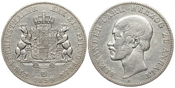 Ангальт 1 талер 1859 A, Александр Карл Герцог Ангальт KM 86 серебро 00-000-00