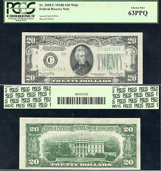 США 20 долларов 1934 серия 1934D, C (Филадельфия), в слабе PCGS 63 Choice New Pick 431D d, Fr. 2058-C  бумага  UNC (пресс) 452-3-34