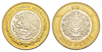 Мексика 10 песо 2017 Мо, бог Тонатиуха с огненной маской KM 616 биметалл UNC 4637-741