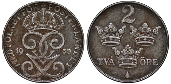 Швеция 2 эре 1950 Густав V (1907-1950) KM 811 железо 45-452