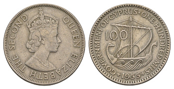 Кипр 100 милей 1955 Елизавета II (1952-2022) KM 37 медно-никель 4652-421