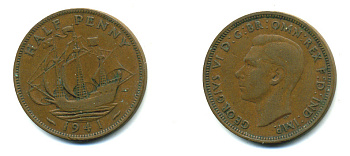 Великобритания 1/2 пенни 1941 Георг VI (1936-1952) KM 844, Spink 4115 бронза 4383-1016